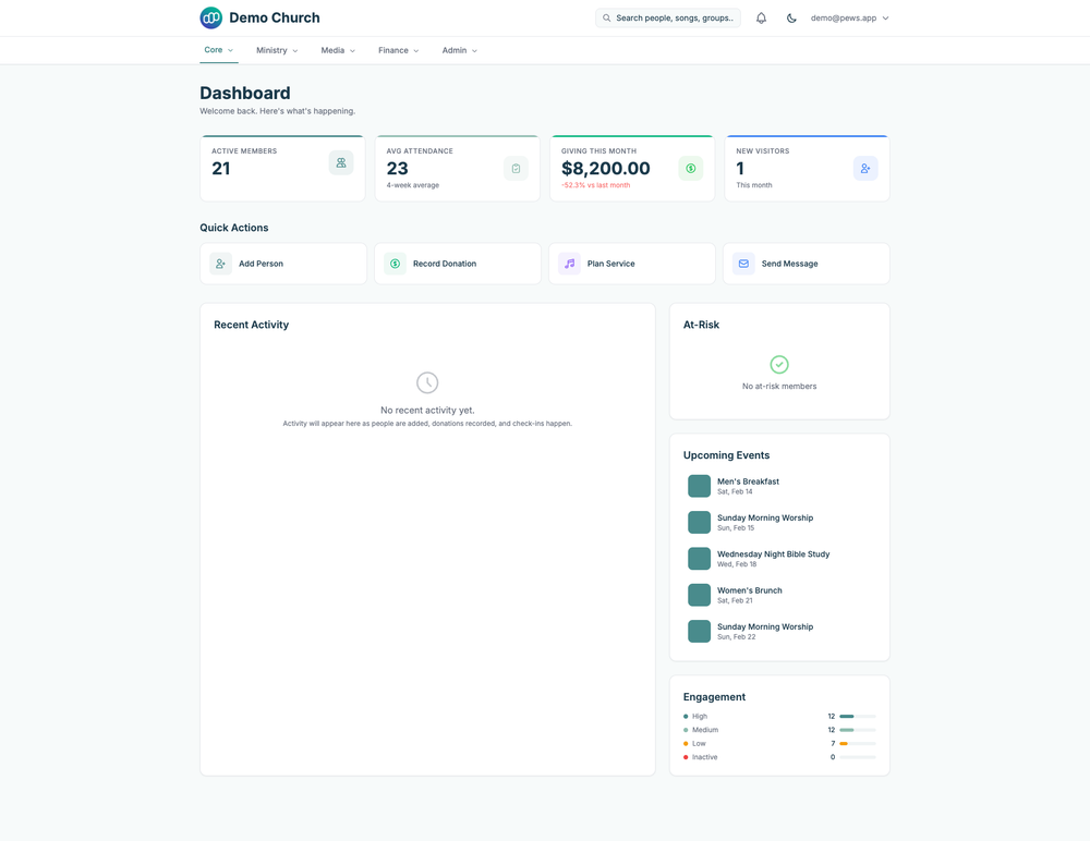 Pews church management dashboard